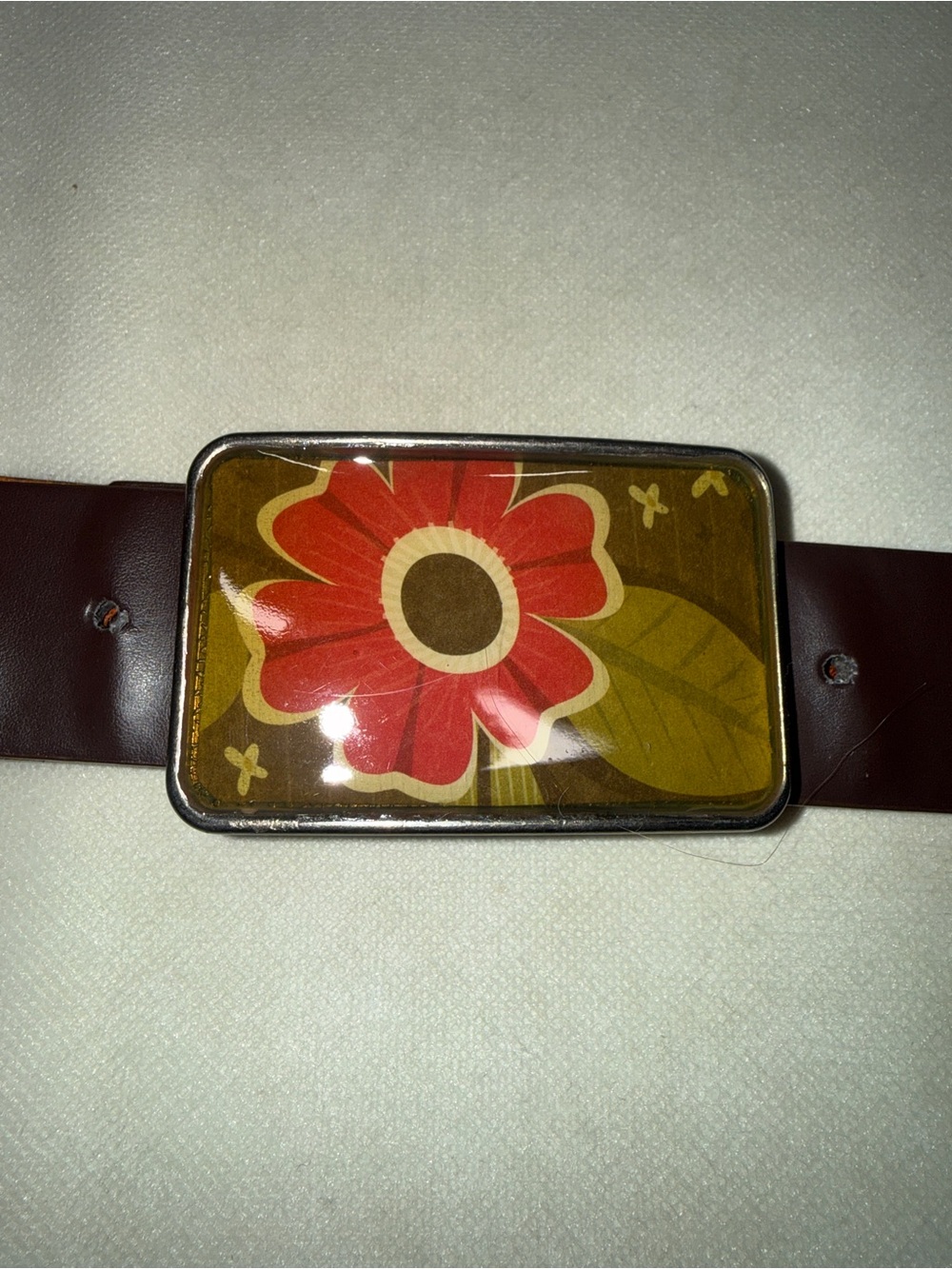 Red Floral Buckle Belt with Brown Strap